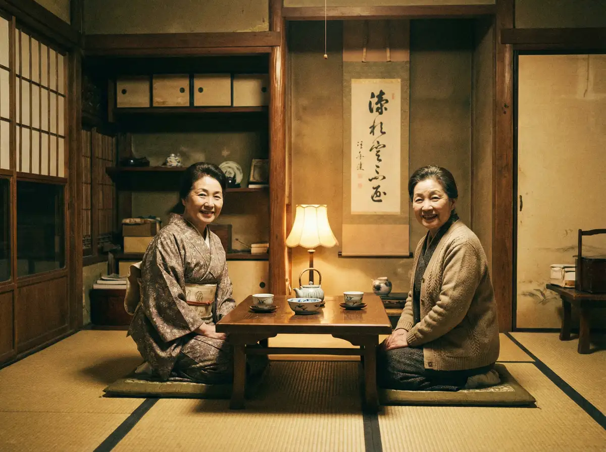 两位优雅的 后入 在日式茶室中品茶交谈